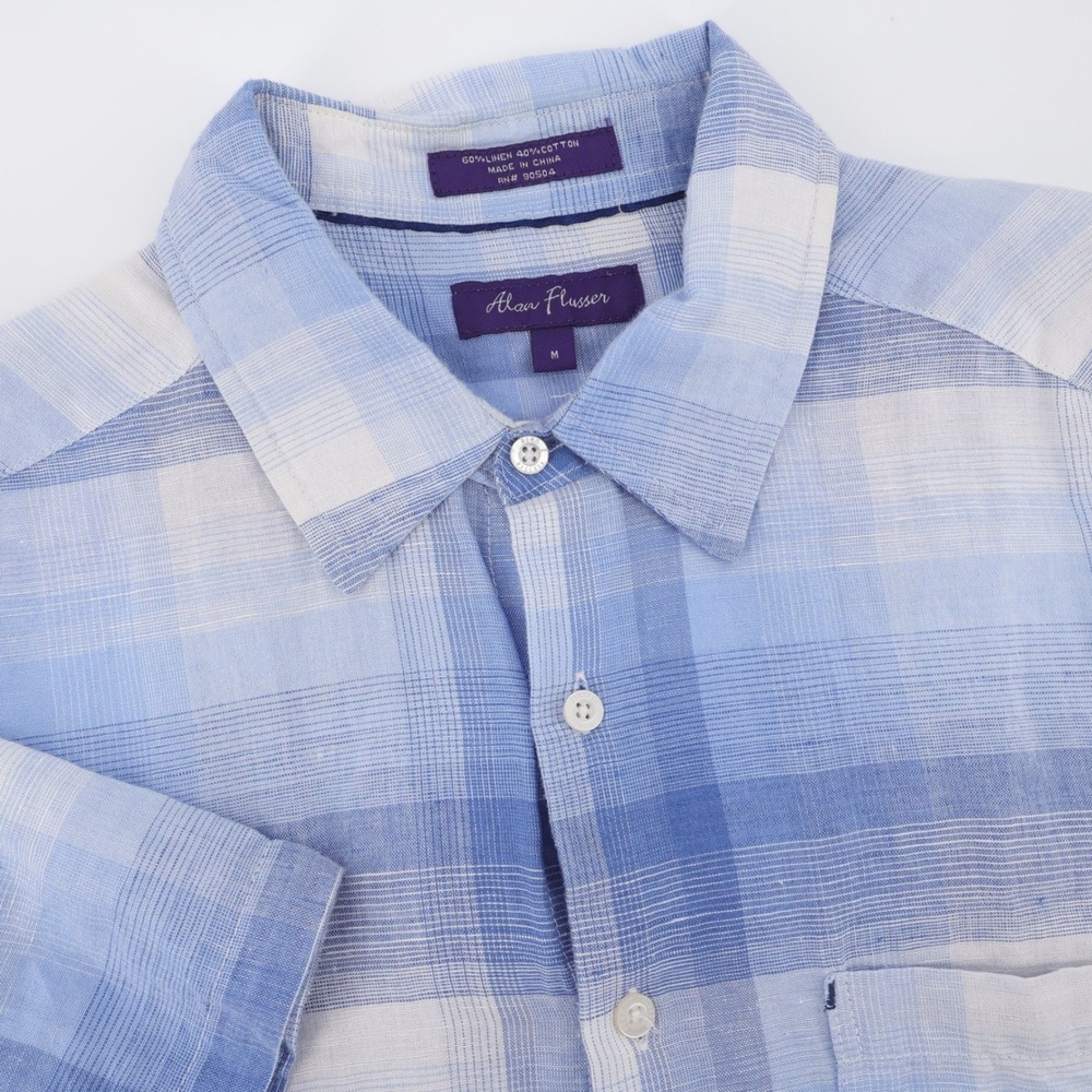 Alan Flusser Linen Cotton Plaid Shirt Blue Short Sleeve Mens Medium